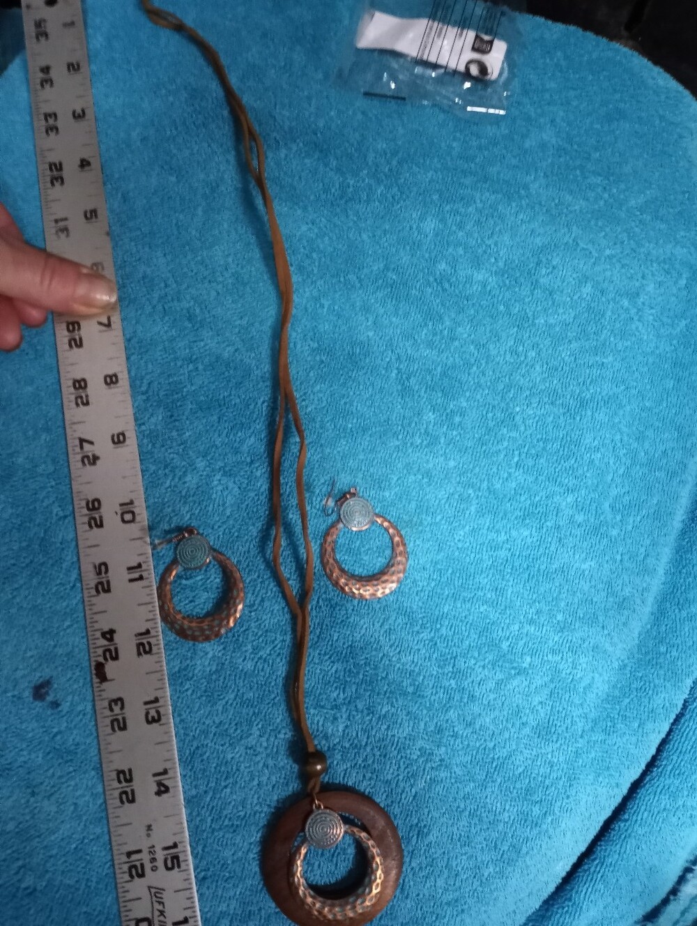 Copper And Turqoise Look Necklace And Earring Set On Leather Cord